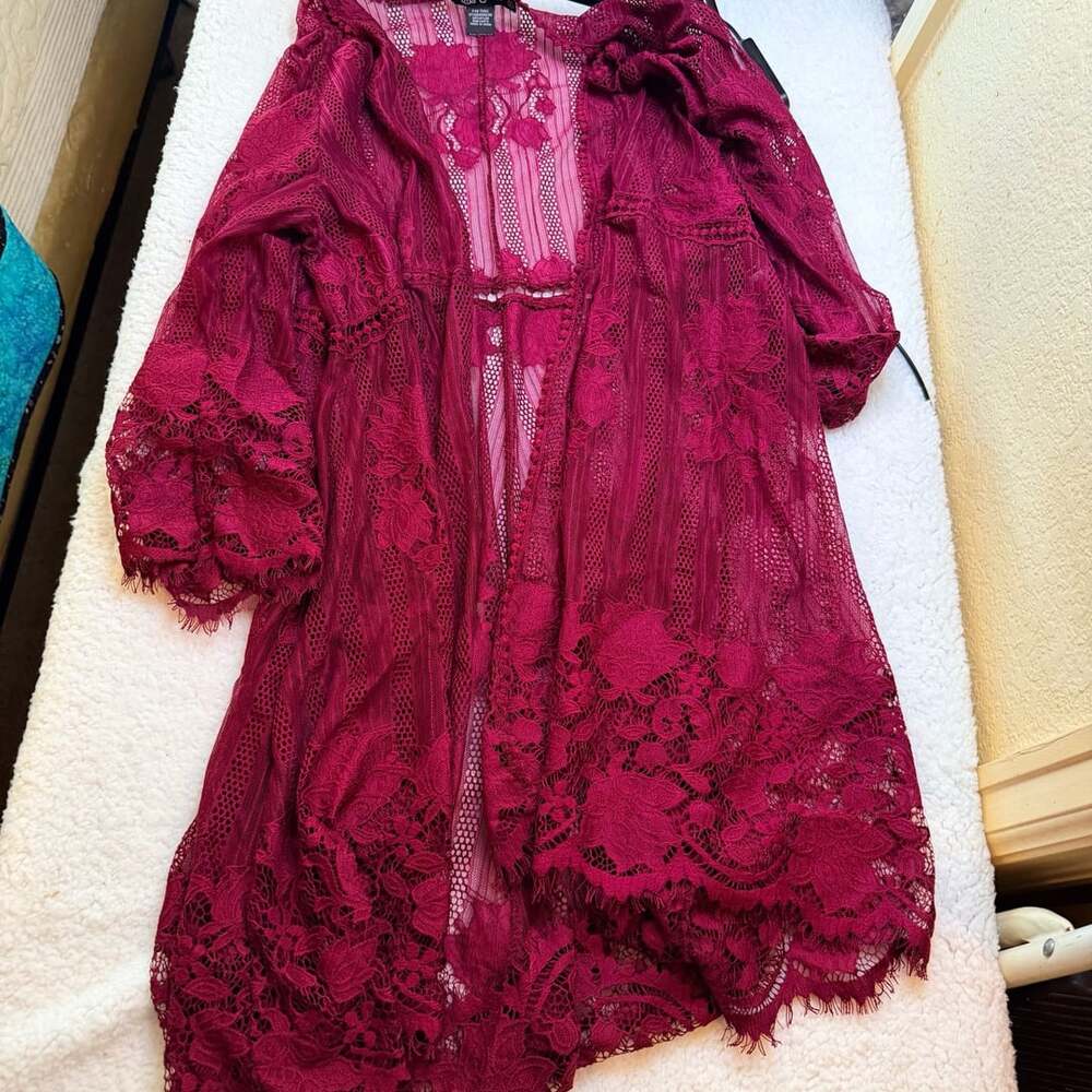 Miss Chievous Lace Cardigan Size L Maroon Sheer